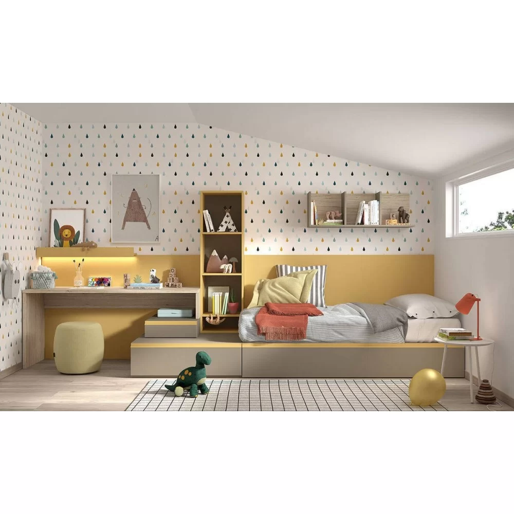 Pack habitacion Juvenil Infantil Completo (Cama Nido+Estante+Armario+ Escritorio+estanteria) con SOMIERES
