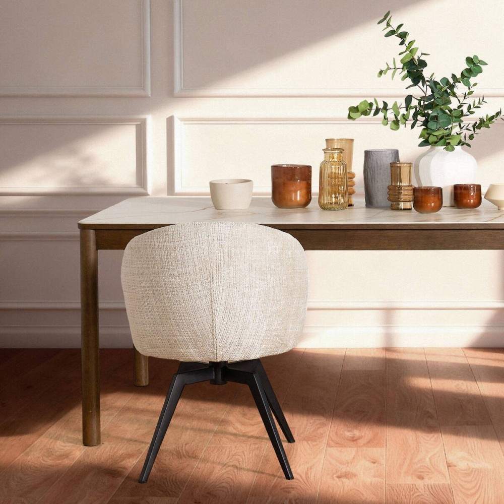SILLA DARESILLA DE COMEDOR DARE CON REPOSABRAZOS, TELA JUTO BEIGE 4,  BASE METÁLICA NEGRA MATE Y RETORNO AUTOMÁTICO L58,5XP60XH8