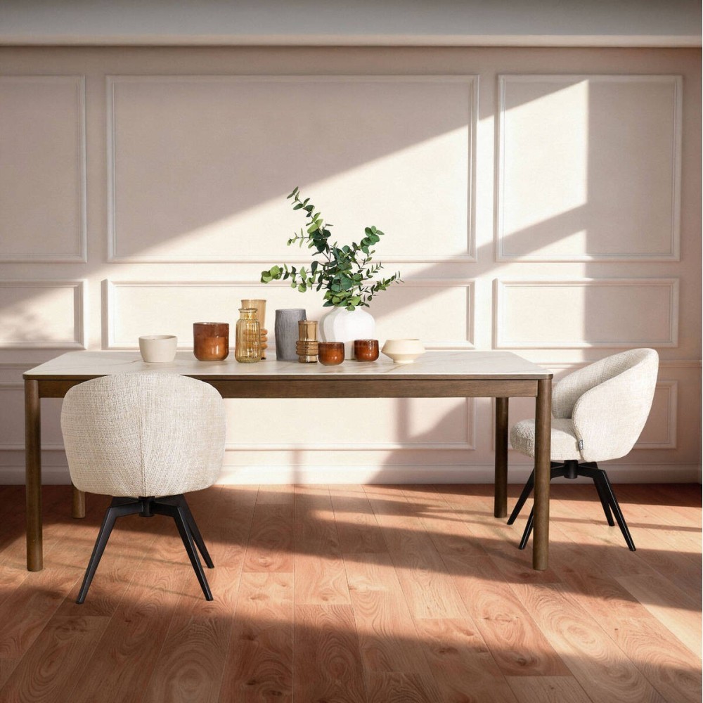 SILLA DARESILLA DE COMEDOR DARE CON REPOSABRAZOS, TELA JUTO BEIGE 4,  BASE METÁLICA NEGRA MATE Y RETORNO AUTOMÁTICO L58,5XP60XH8
