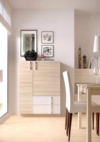 Trucos para decorar salones pequeños. Bufet en acabado natural de la colección Eko-s