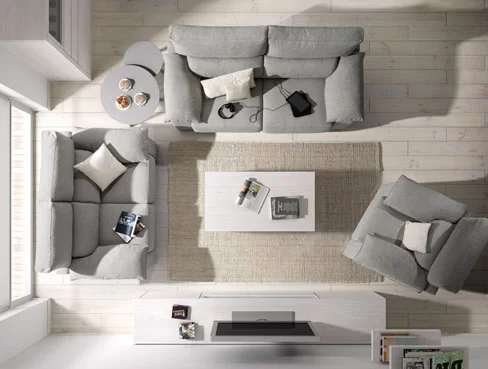 Ideas para decorar con butacas. Combinación de sofás y butaca de la colección Theo de kibuc.