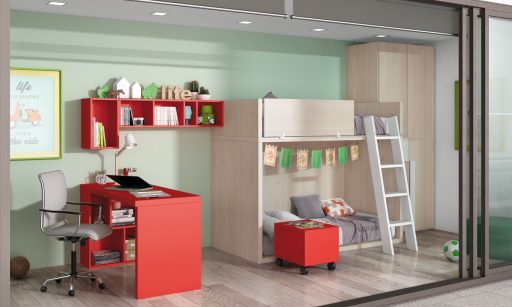 Dormitorios para dos hermanos. Literas de la colección Chroma en acabado natural y rojo